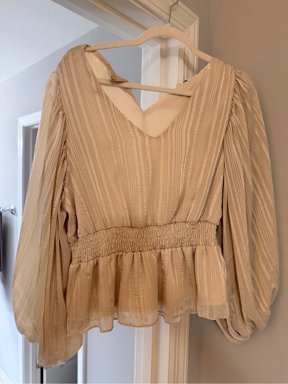 She + Sky Cream Striped Smocked-Peplum V-Neck Blouse